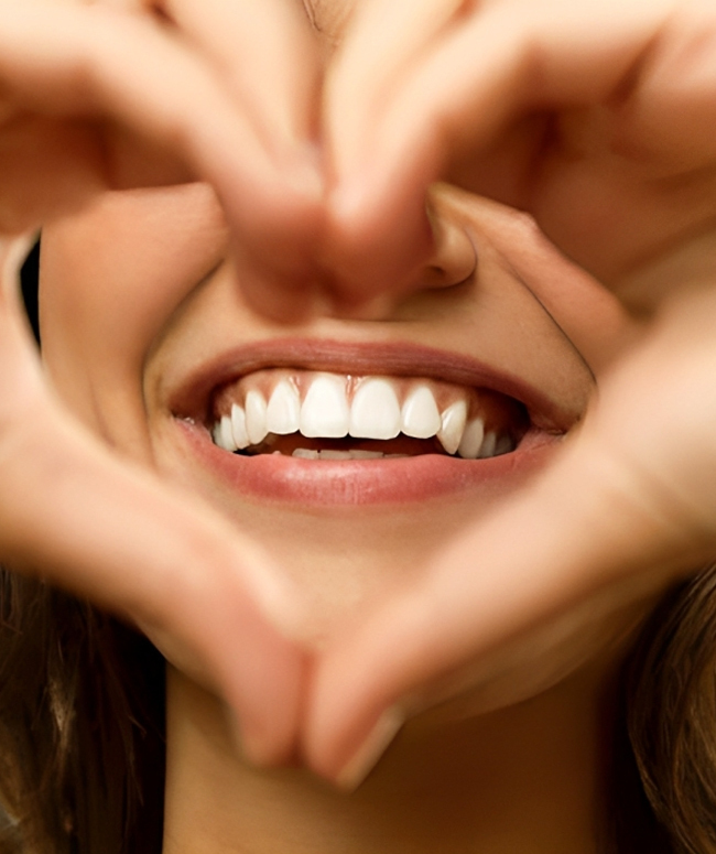 Woman smiling brightly with white teeth framed by hands in heart shape.